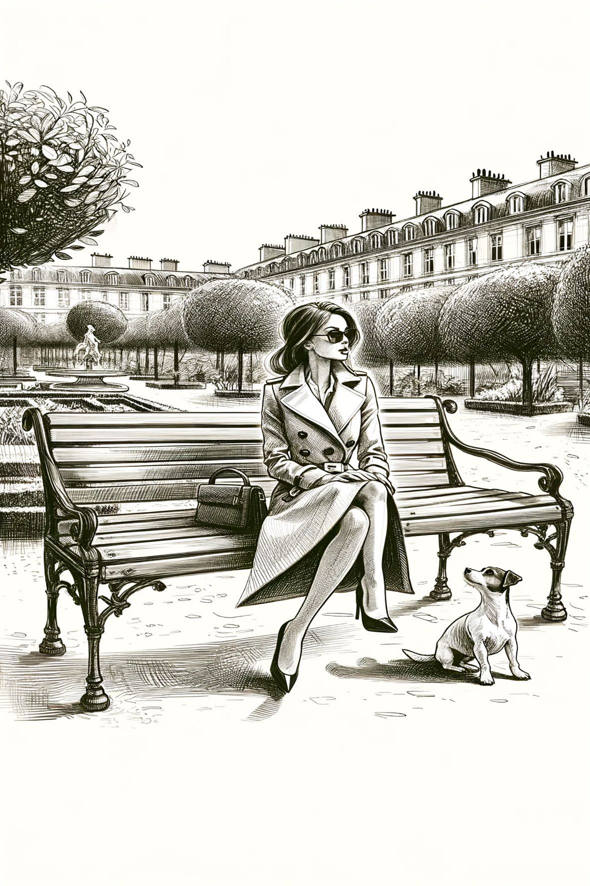 carte d'une superbe parisienne avec son petit jack russel sur les bancs d'un parc