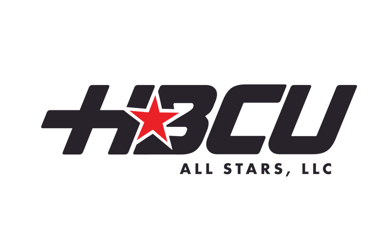 Black and white HBCU All Stars LLC logo with a red star in the middle of the letters.