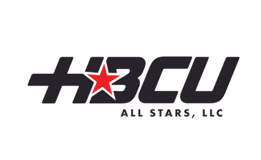 Black and white HBCU All Stars LLC logo with a red star in the middle of the letters.