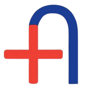 Blue arch partially overlapping a red cross.