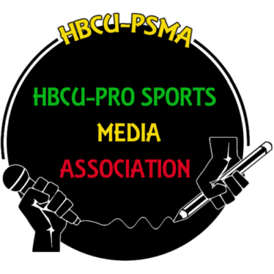 Logo for the HBCU-Pro Sports Media Association. Black circle with green, yellow, and red text and graphic of a microphone and pen.