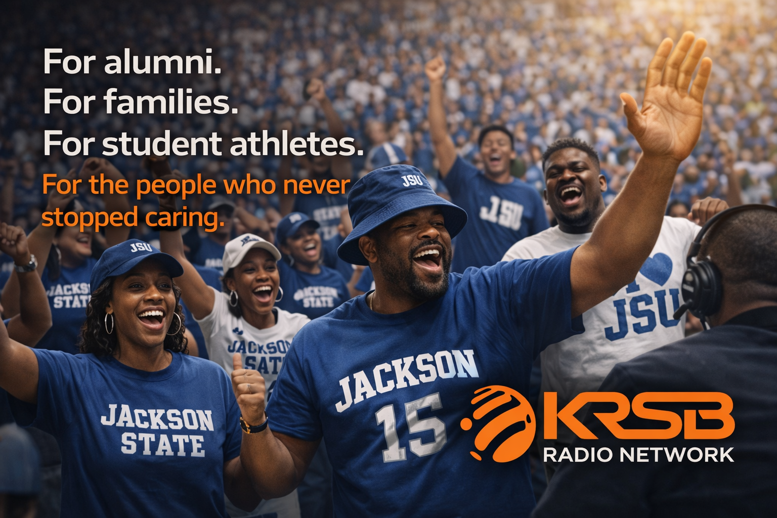 Woman in jeans and sneakers at a table, looking at phone. KRSB Network text with