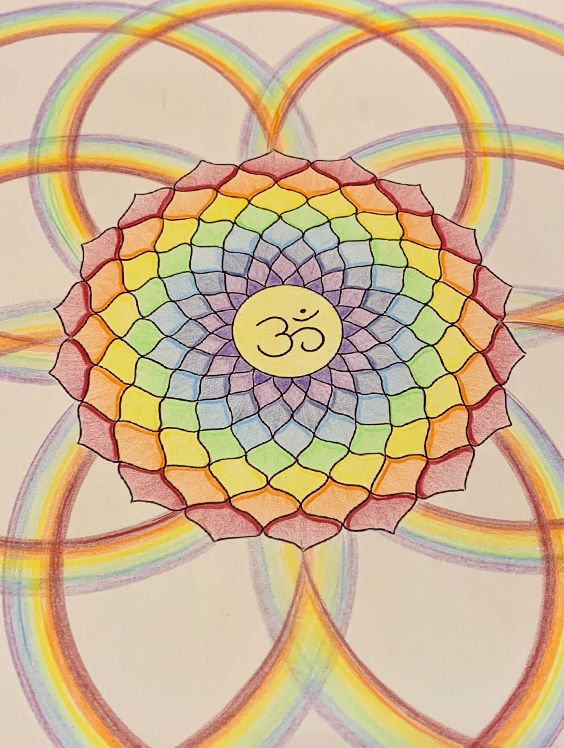 A colorful, multi-layered mandala with a central Om symbol set against an overlapping, rainbow-hued circular pattern.