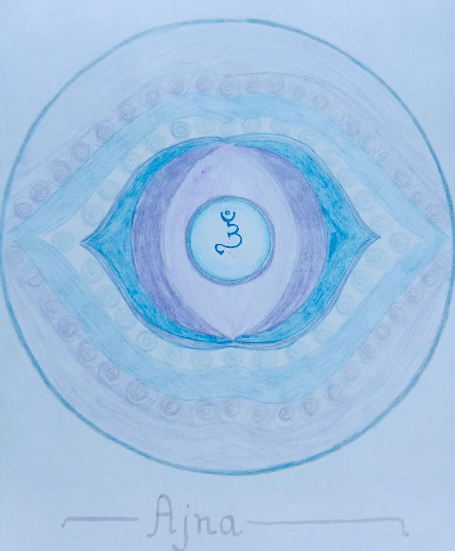 Blue and purple Ajna chakra mandala with a central symbol and concentric patterns.