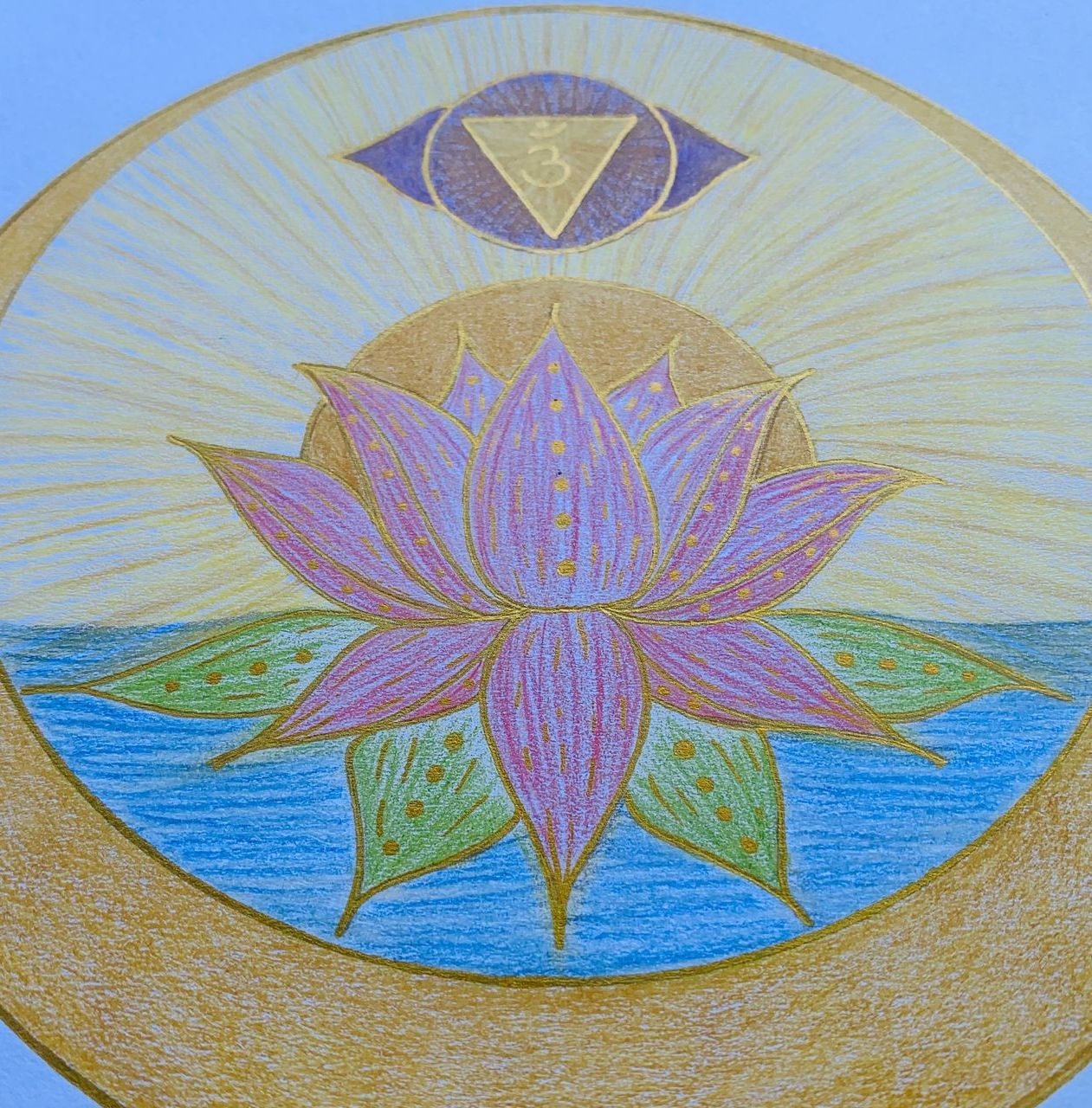 Lotus flower over water, sun, and third eye symbol; pastel colors in a round frame.