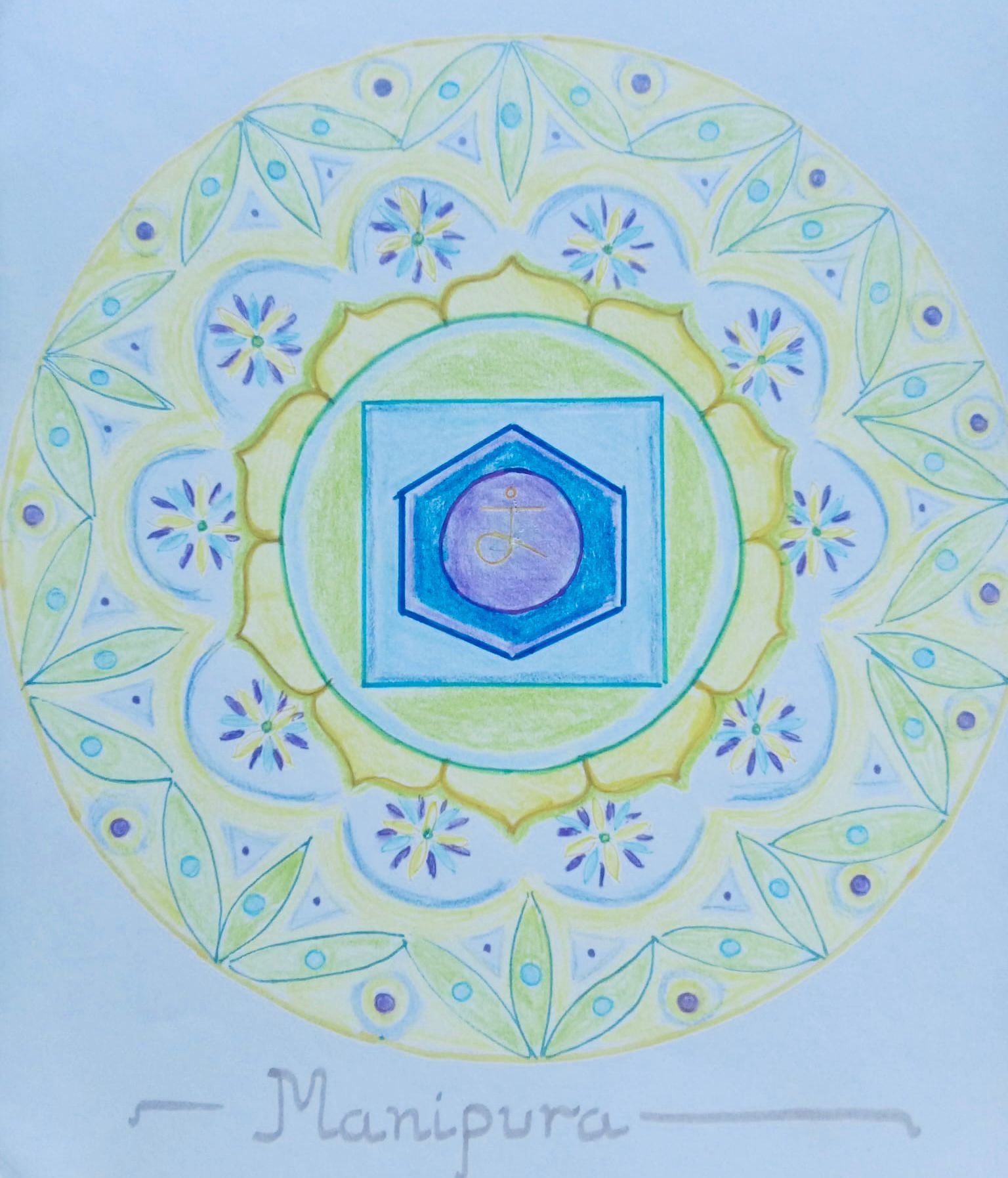 Mandala art depicting the Manipura chakra. Yellow, blue, and purple geometric shapes and floral patterns.