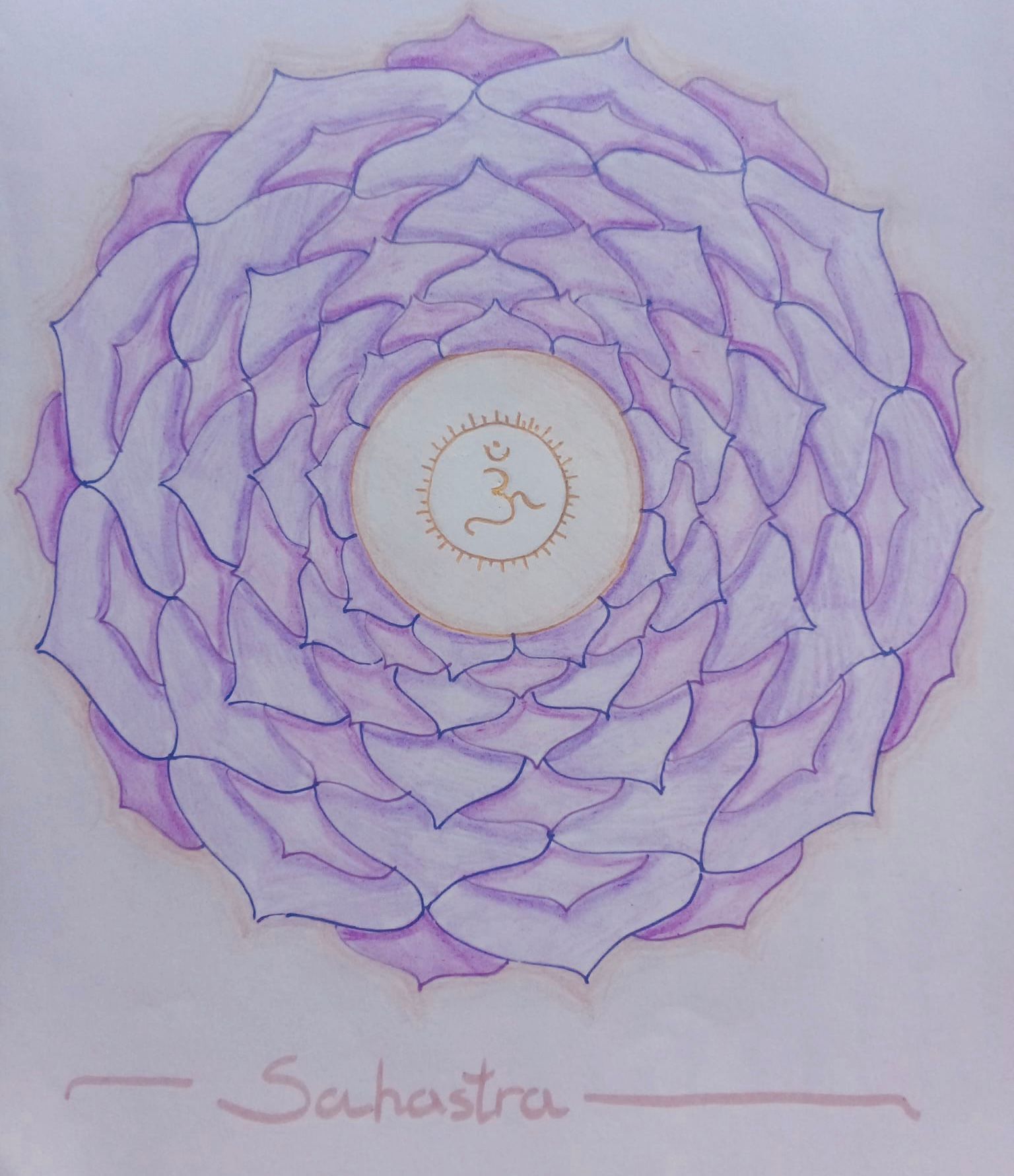 Purple lotus chakra symbol with center circle containing Om symbol.