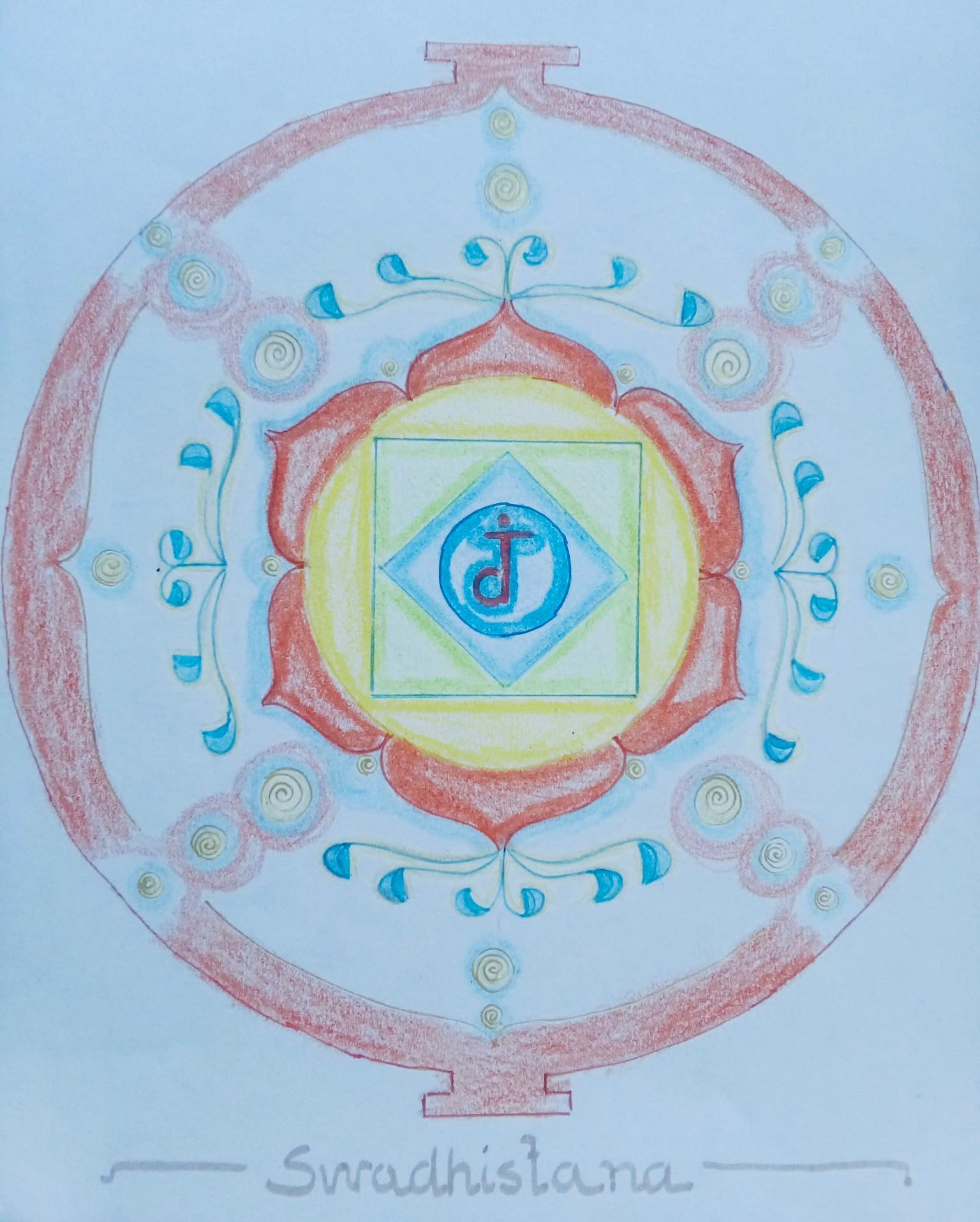 Swadhisthana chakra artwork: Orange, blue, yellow mandala design. Central blue square with a symbol, surrounded by a lotus.