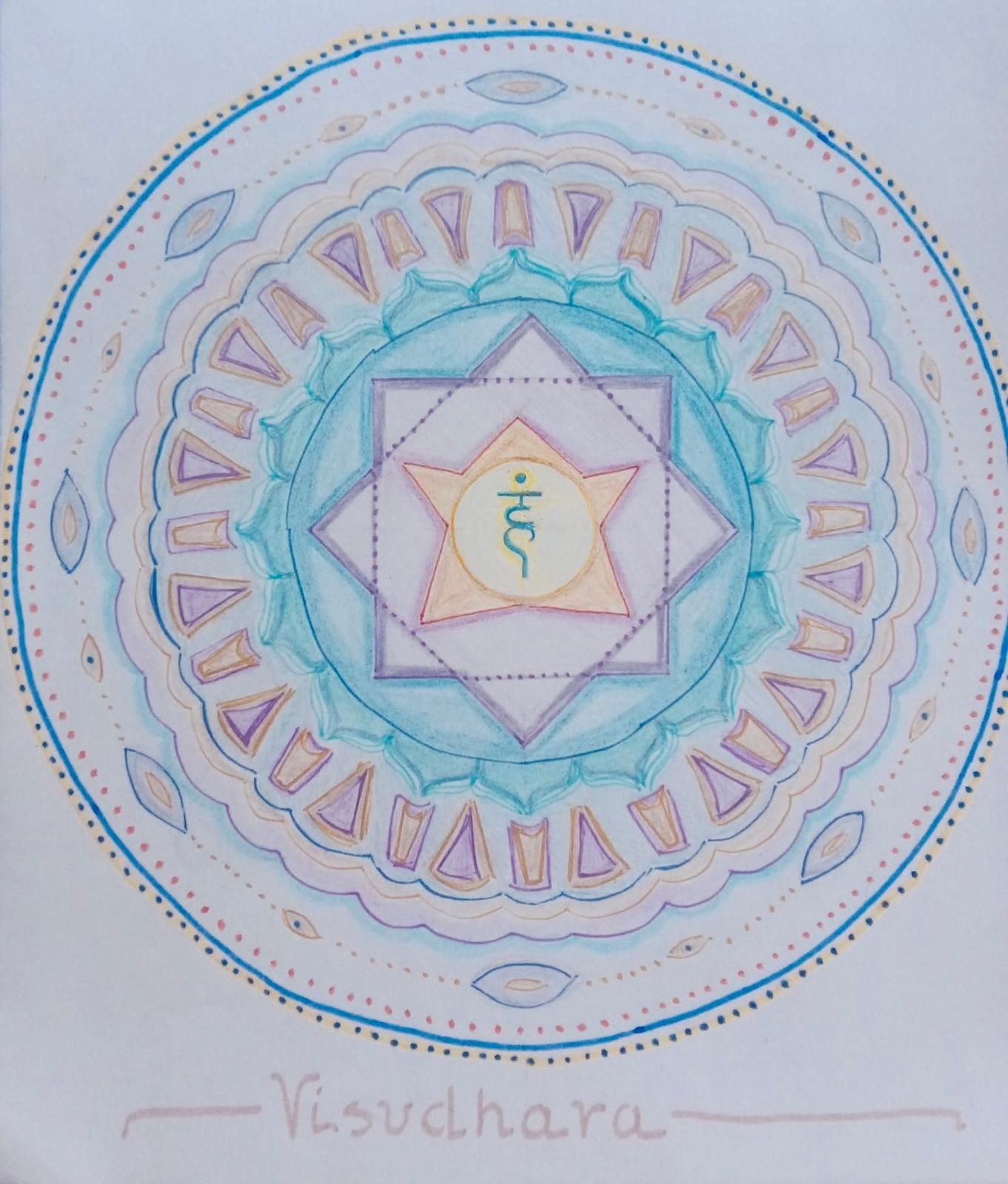 Mandala art of Visuddha chakra, a blue and purple color design with a central star.