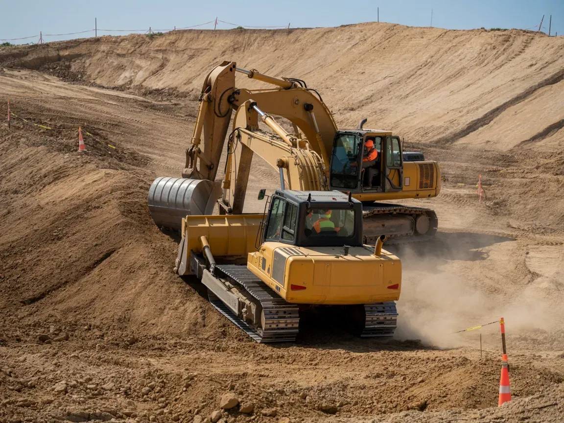 A yellow excavator works on a dirt construction site, moving earth on a hillside with an operator visible in the cab.