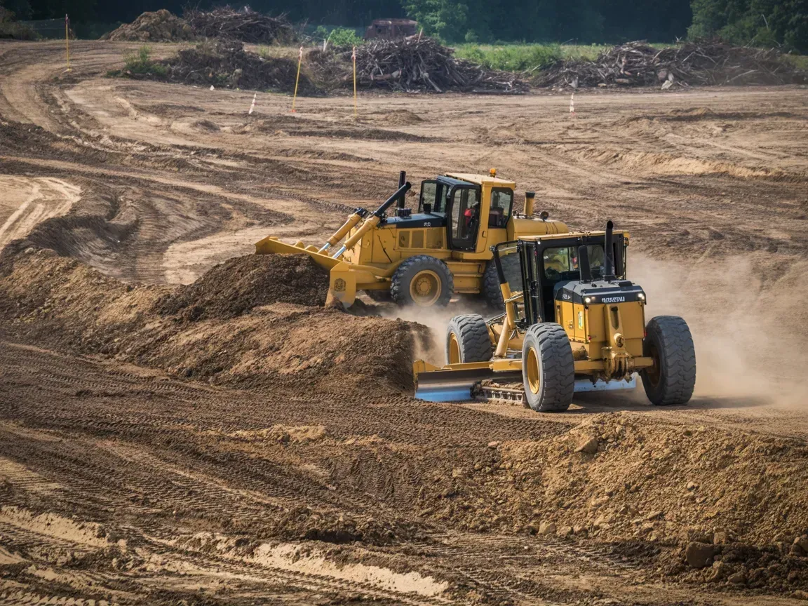 Two yellow construction vehicles grading a large, dirt-covered field on a sunny day.