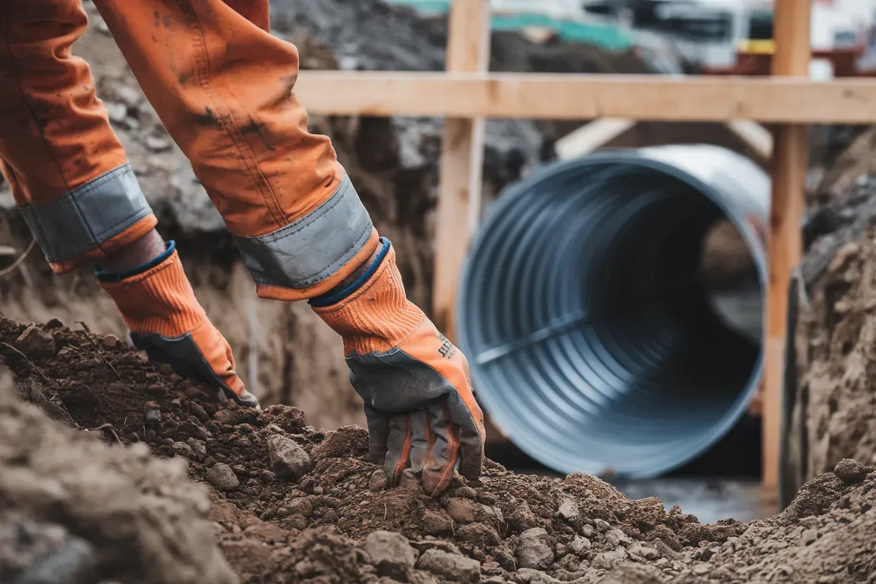 A man wearing gloves is driving a bulldozer on a construction site.