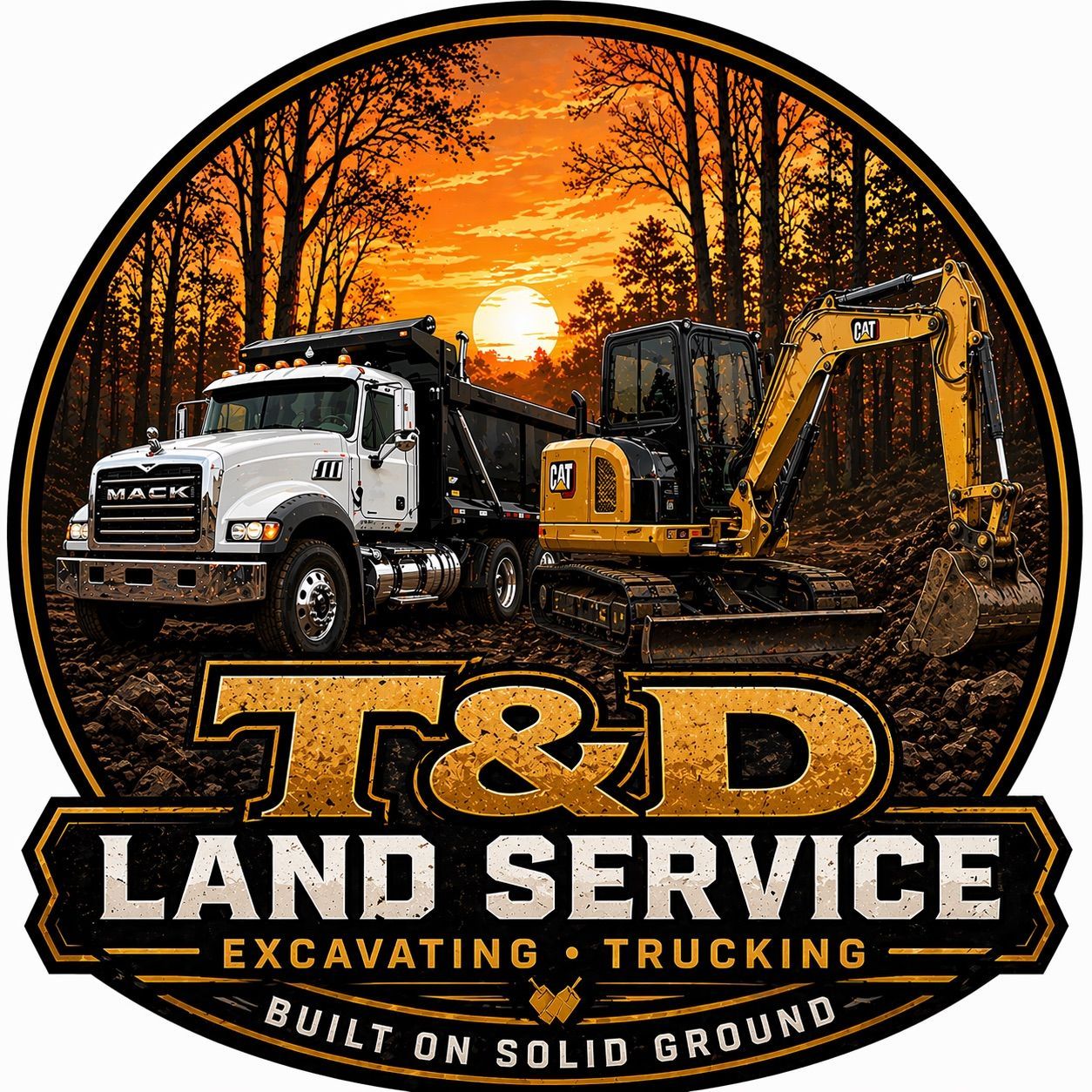 Circular logo for T&D Land Service featuring an excavator, tree stumps, and text on an orange and black gear background.