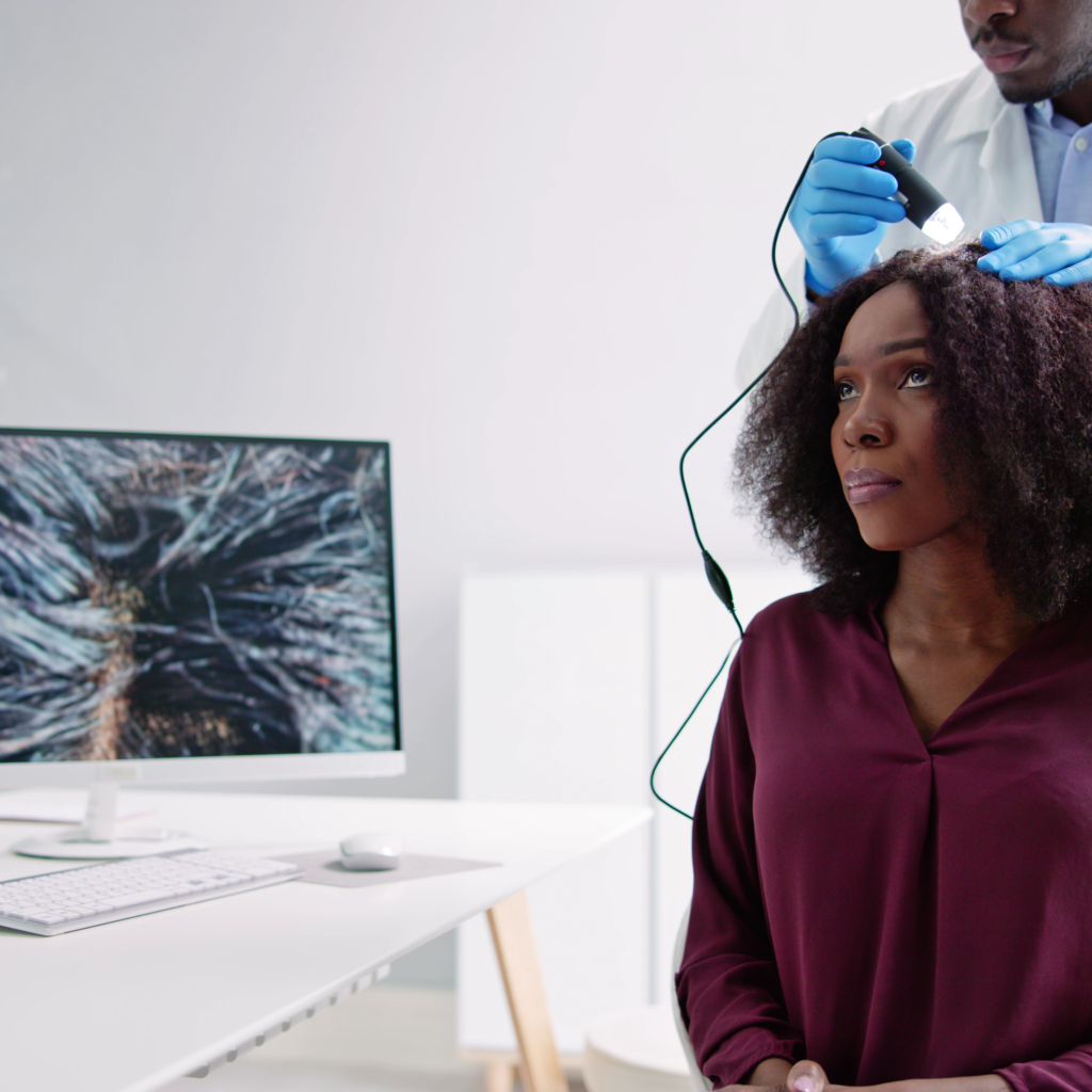 A woman is getting her hair examined by a doctor in front of a computer monitor.