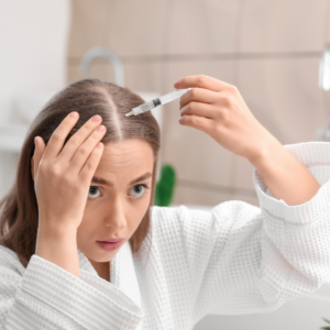 A woman is applying a serum to her hair in front of a mirror.