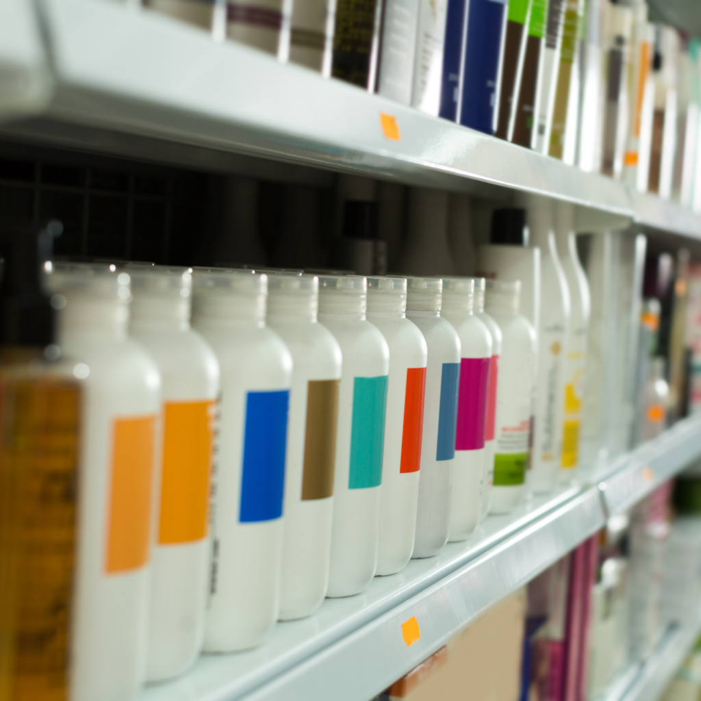 A row of white bottles with colorful labels are lined up on a store shelf