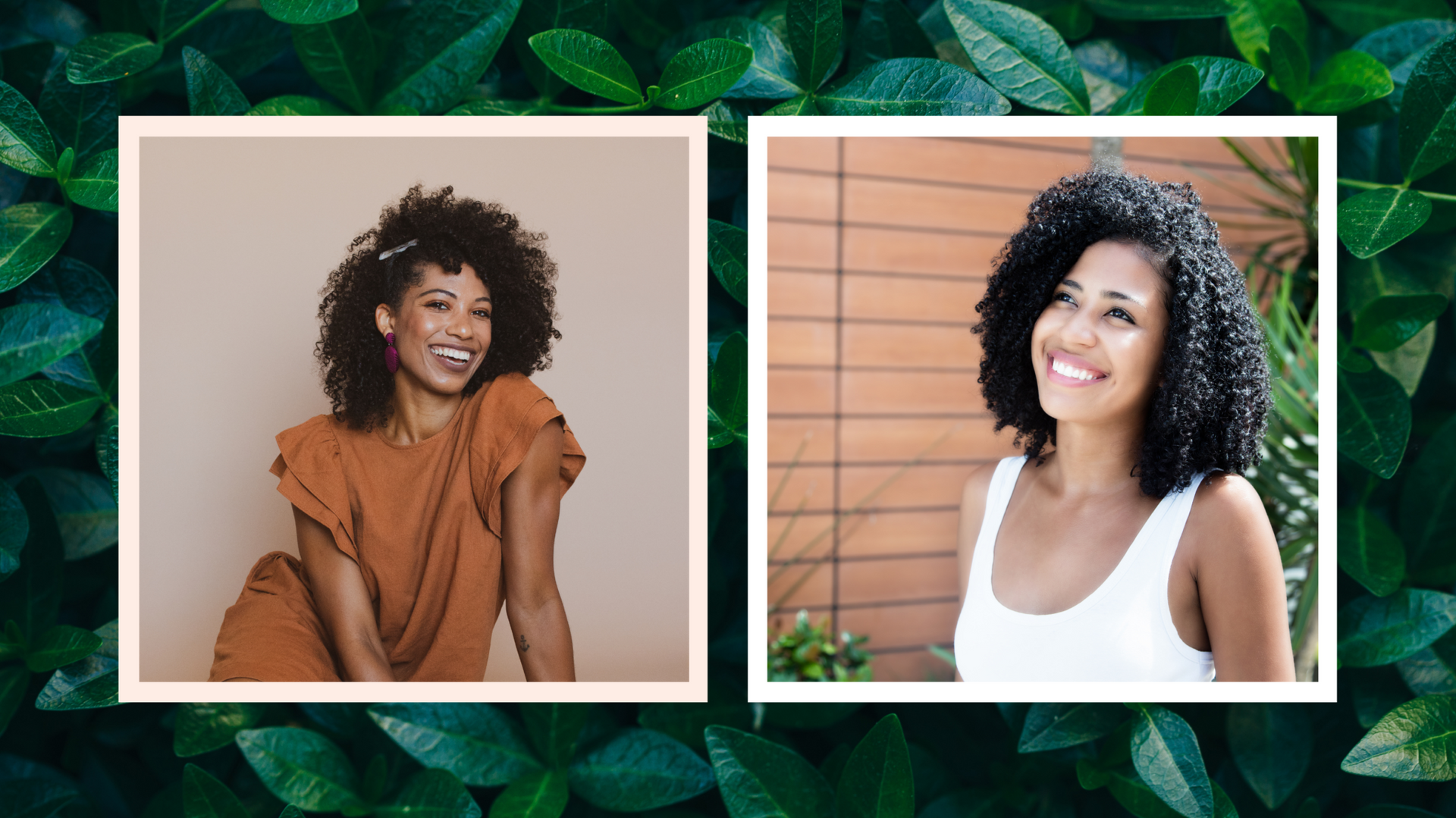 Two pictures of a woman with curly hair and leaves in the background.