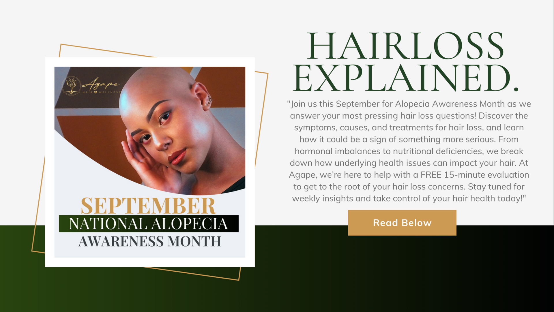 A poster for national alopecia awareness month with a picture of a bald woman.