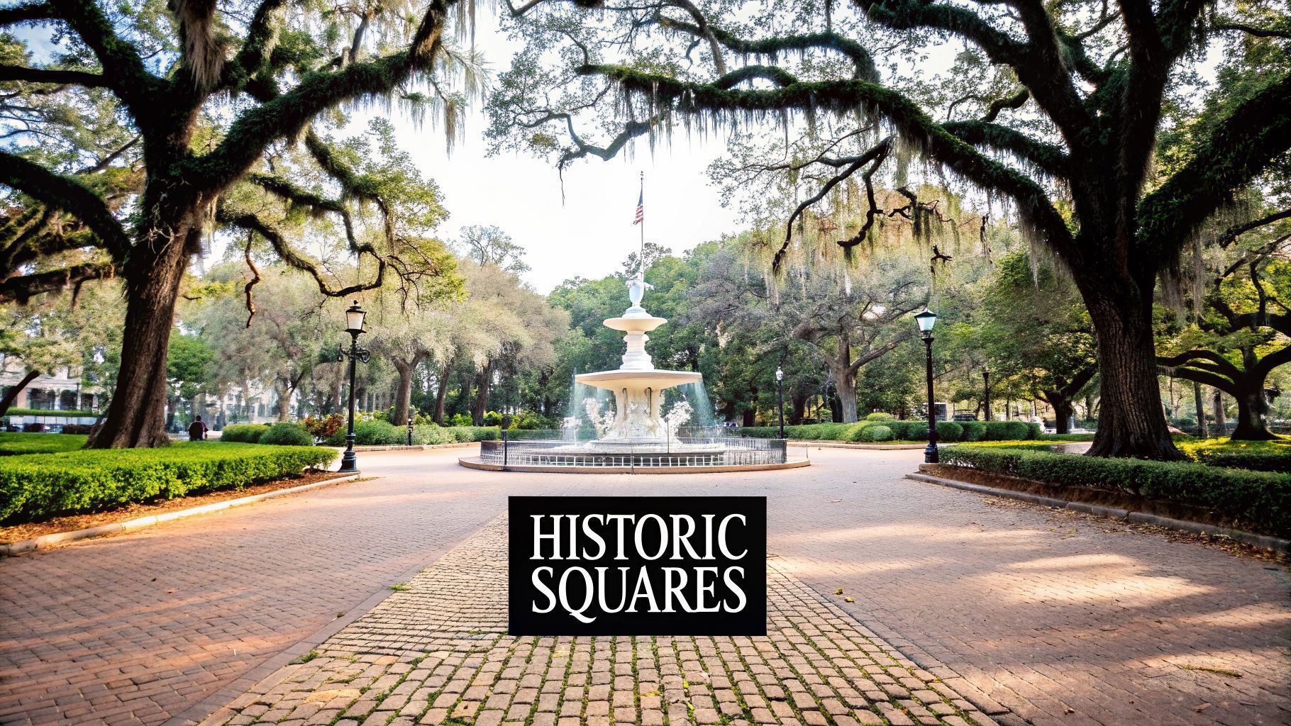 Fountain and walkway in a park with large trees. 