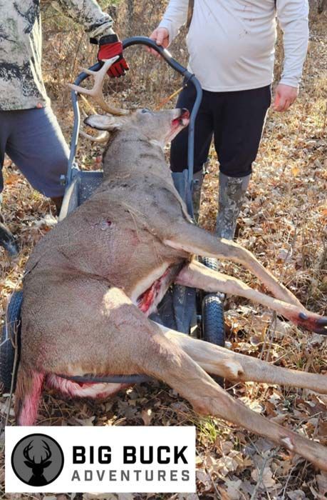 Hunter posing with a large deer in the forest
