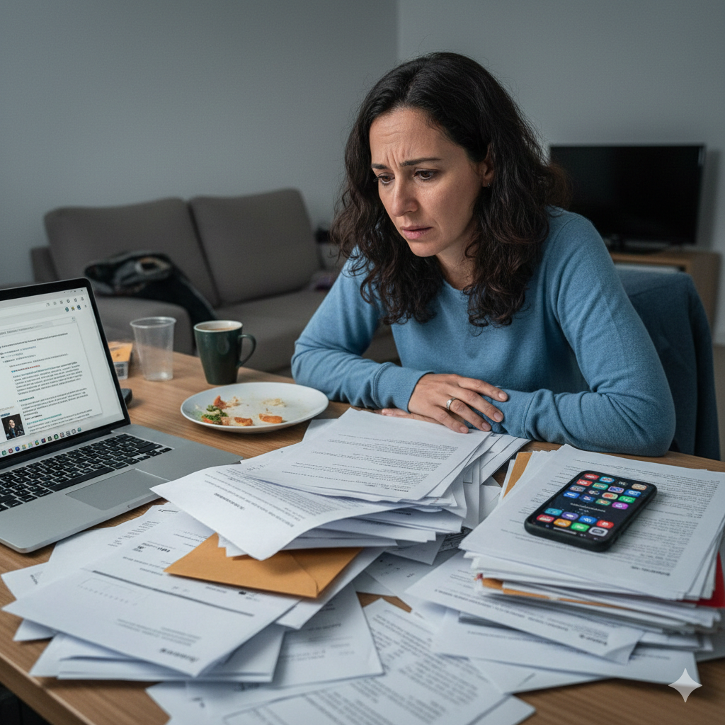 Mujer que parece estresada frente a un escritorio cubierto de formas migratorias