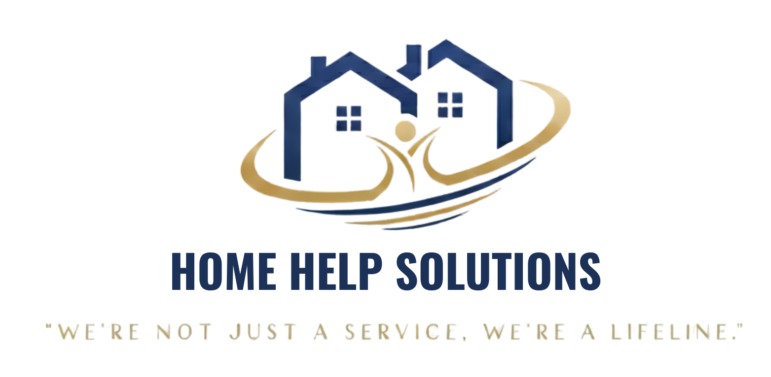 Logo: Two blue house icons with golden curved lines and a person in the middle; text