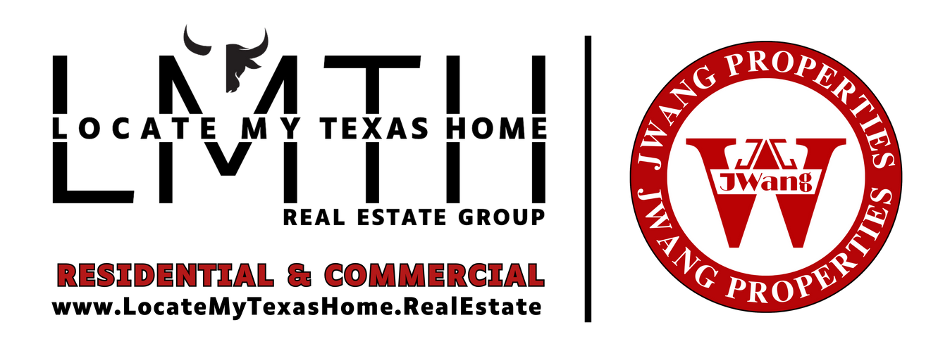 Logos for Locate My Texas Home Real Estate Group and Jwang Properties, both in red and black.