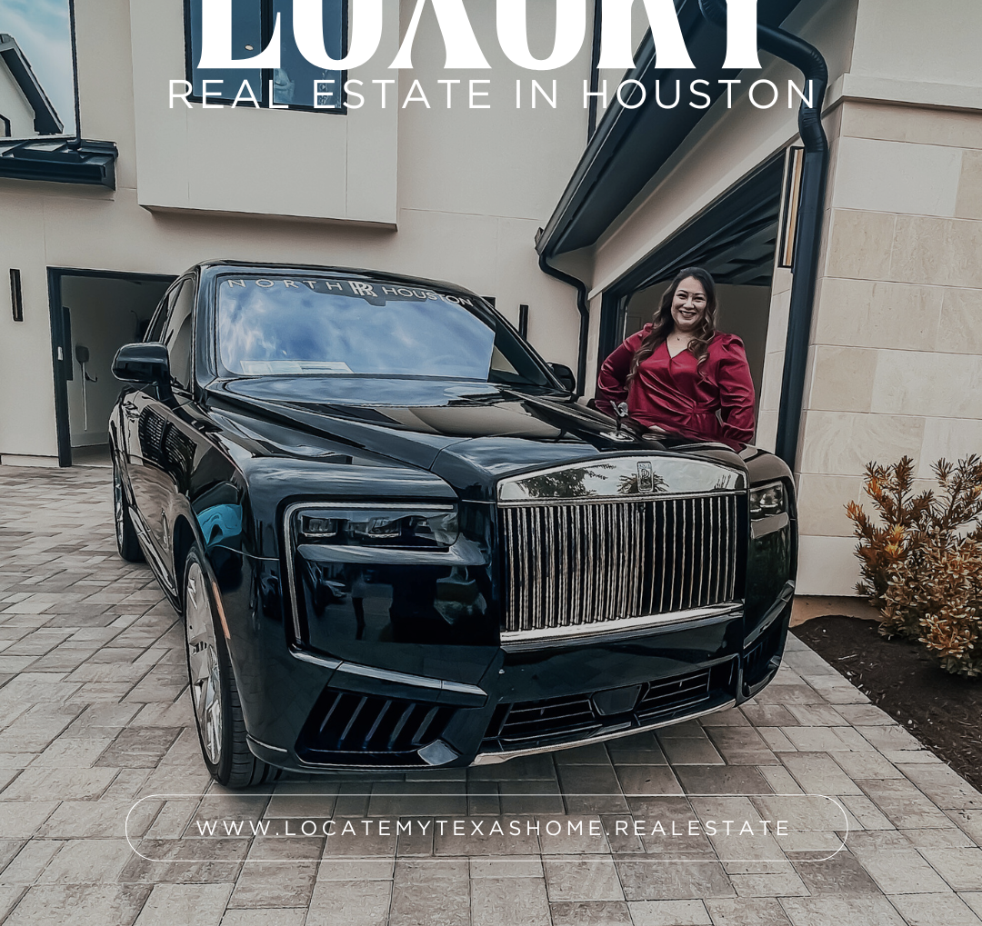 Black Rolls Royce parked outside a house, woman in red top stands by car.