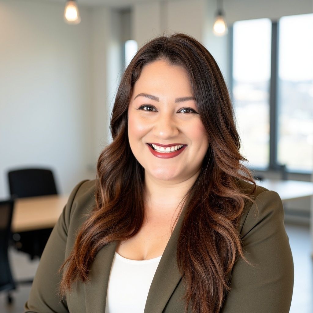 Woman in green blazer smiles in an office setting.