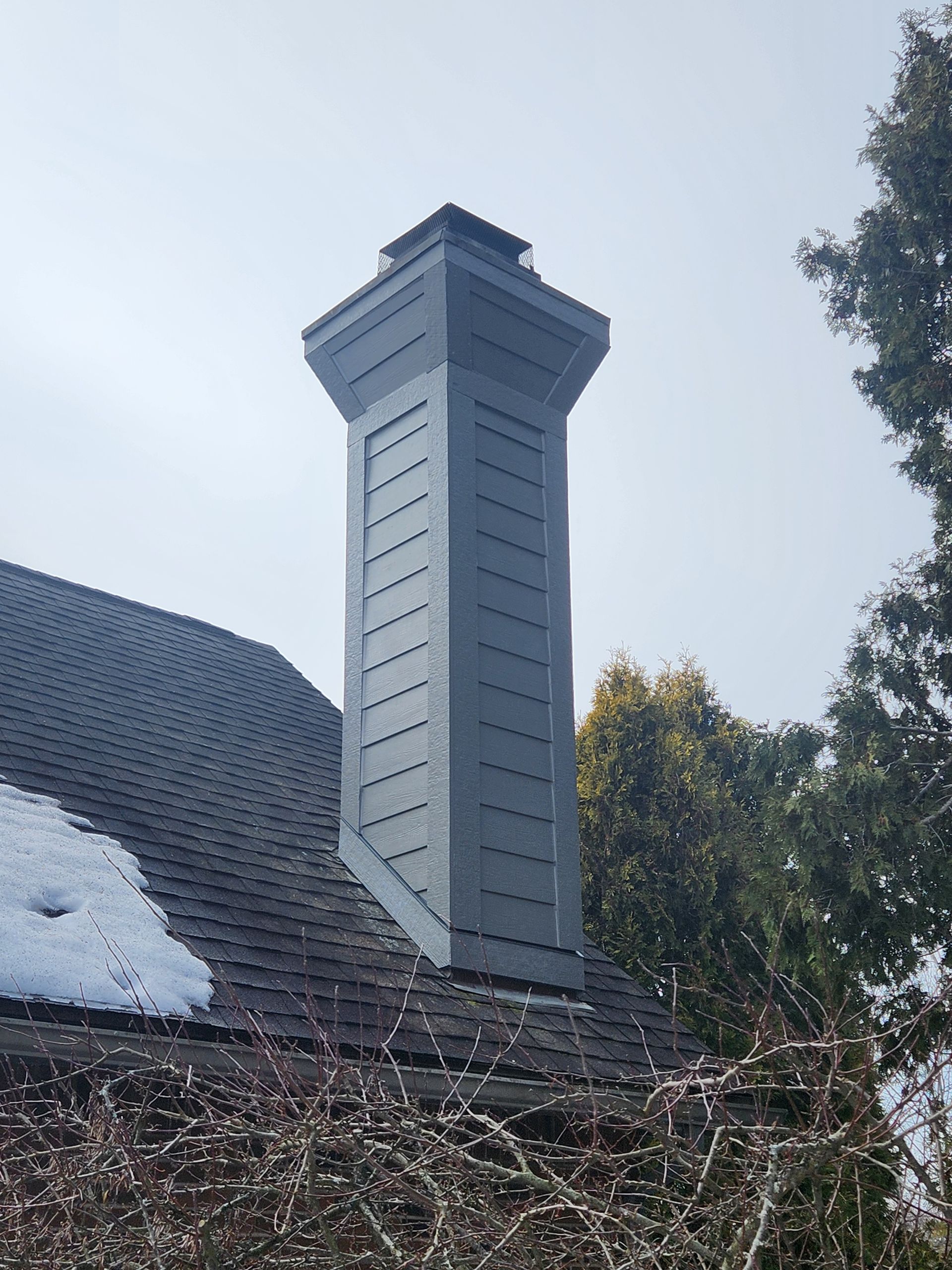 Gray chimney extending from a dark roof, surrounded by trees and a cloudy sky.