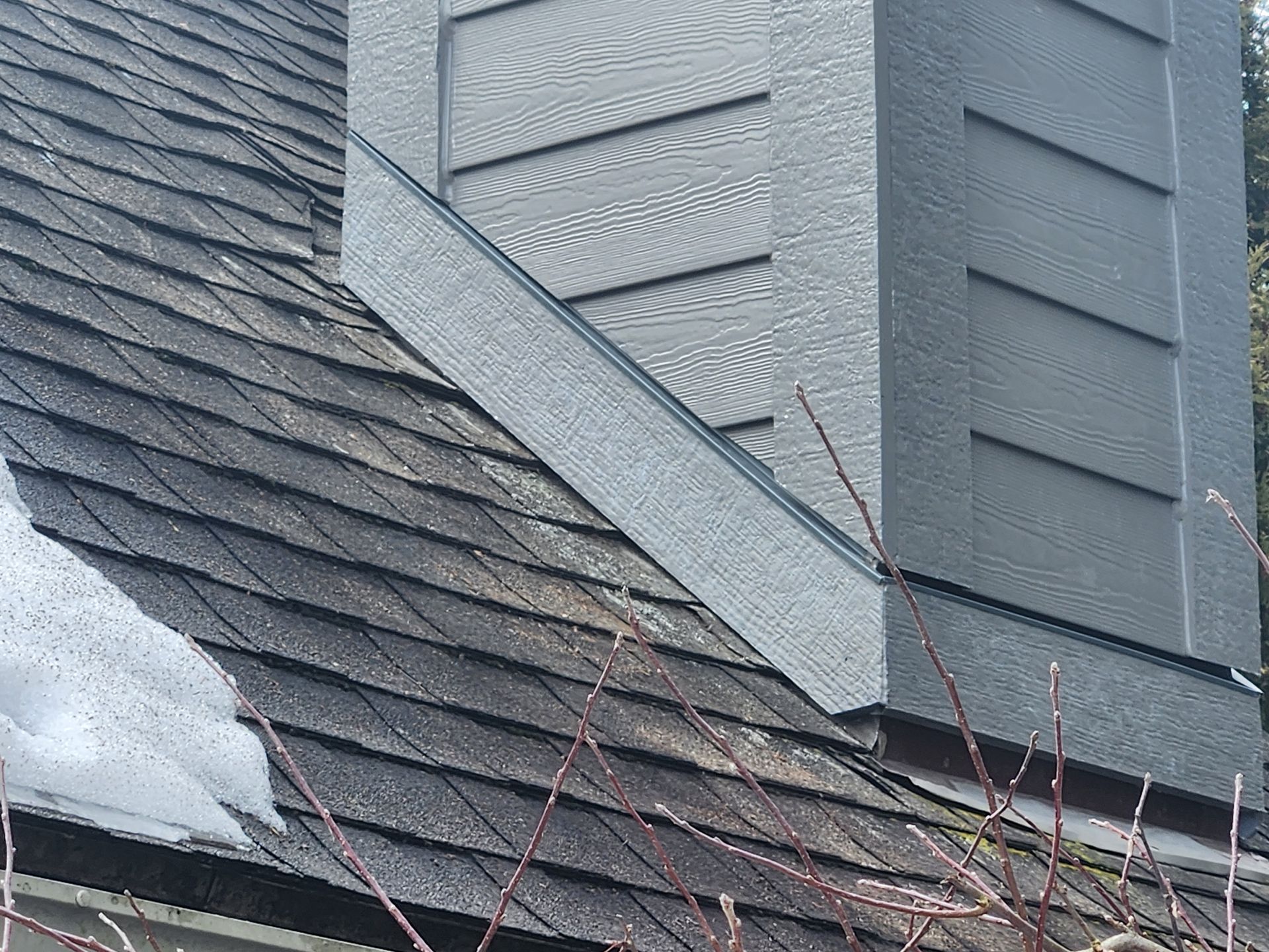 Gray chimney on a shingled roof with snow and branches.
