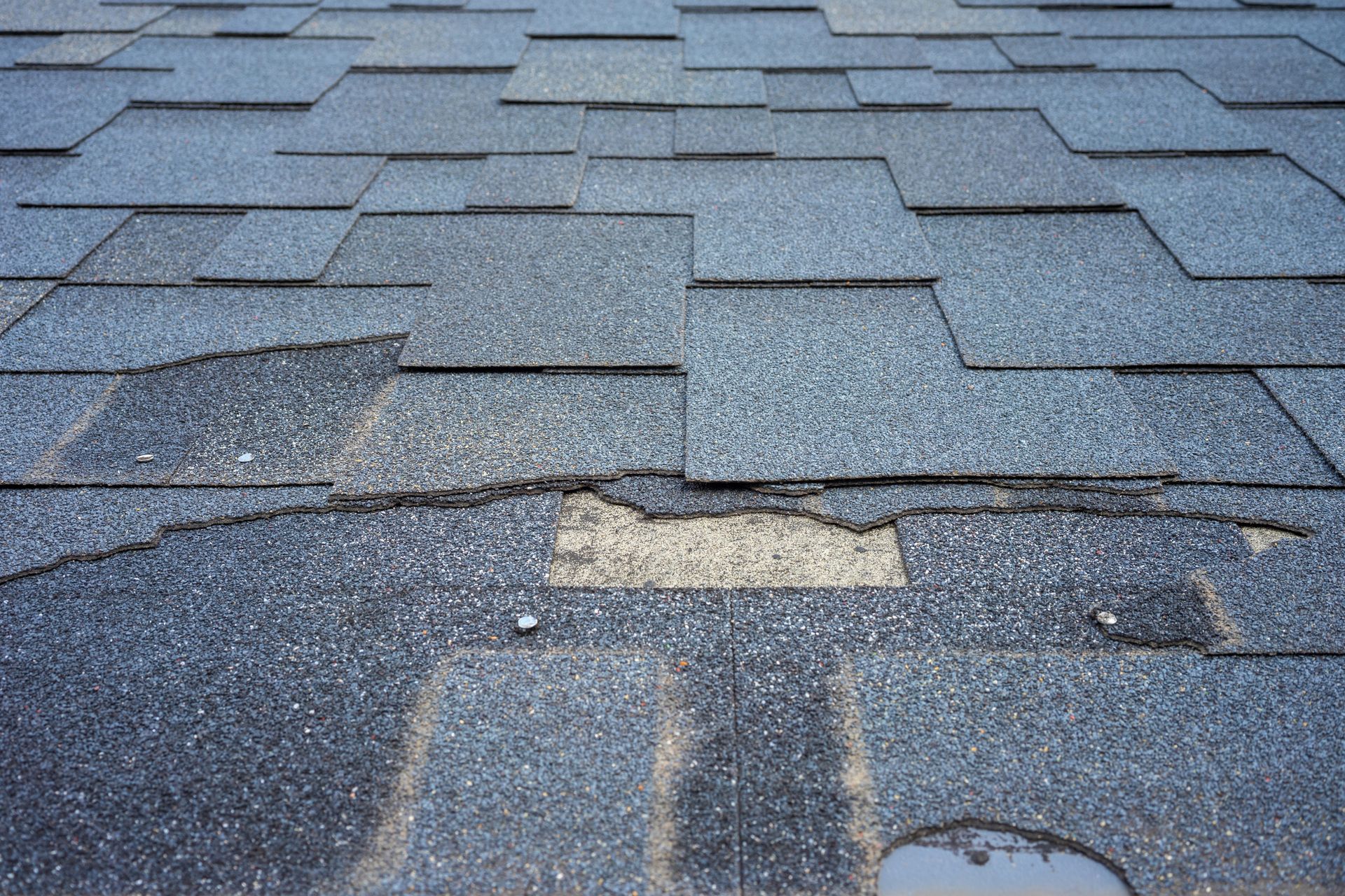 Damaged asphalt roof shingles with missing sections and exposed underlayment.