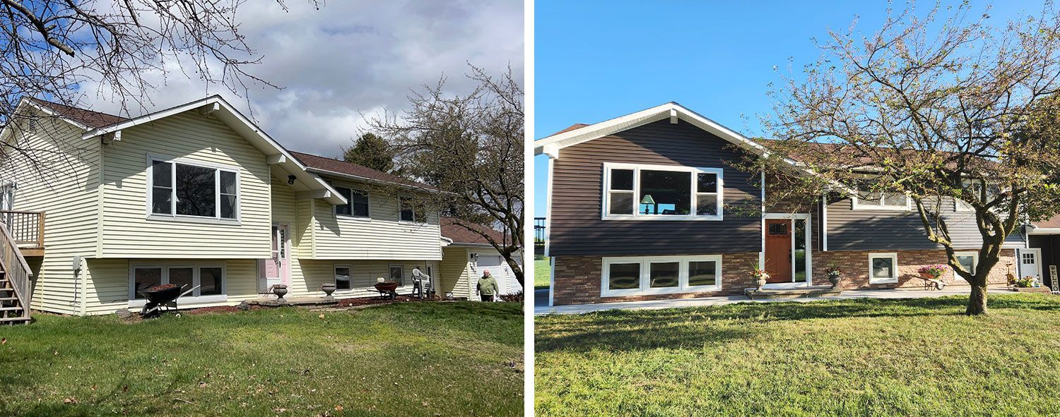 Two side-by-side photos of houses: One beige with a cloudy sky, and one with brown siding in a sunny setting.
