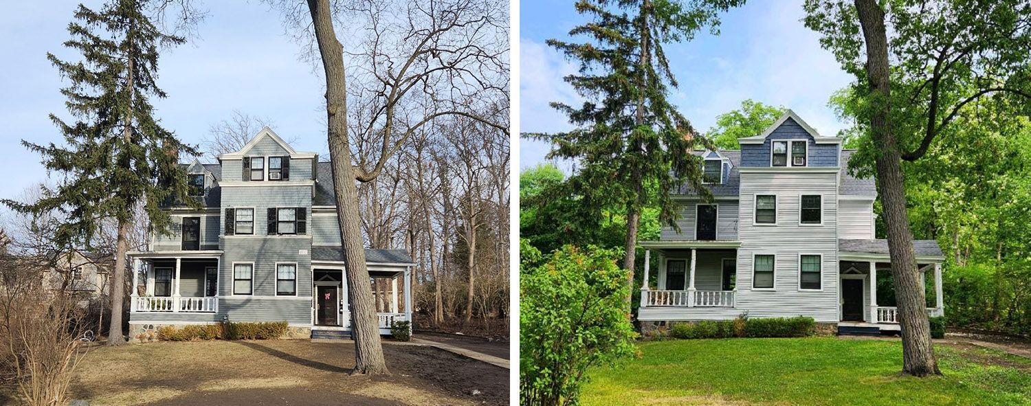 Two photos of a gray house with a porch and trees. The left photo shows a leafless landscape; the right shows a green, leafy landscape.