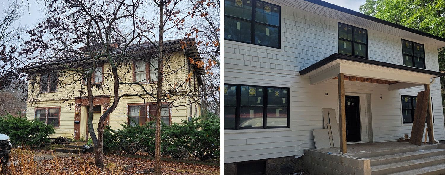 Before and after view of a two-story house. The left shows an older, yellow house; the right, a newly renovated white house.
