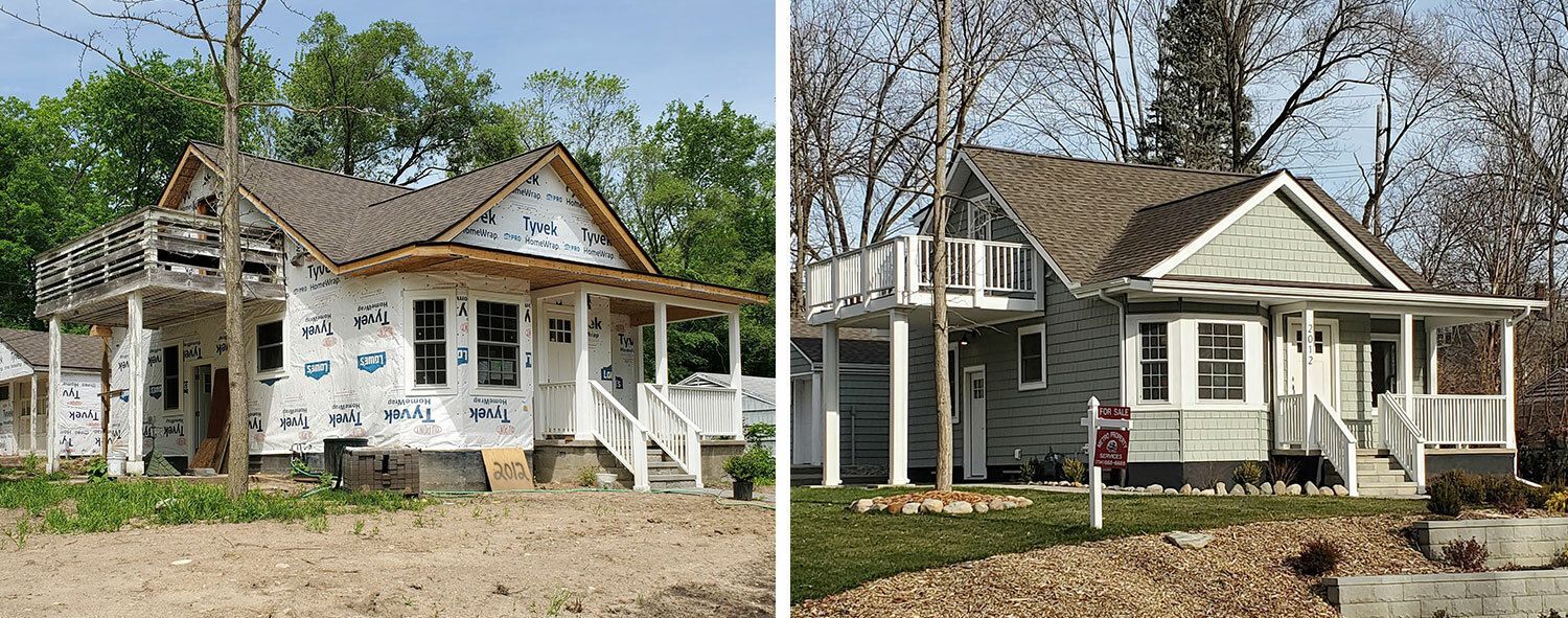 Before and after of a house renovation; house under construction on the left, completed house on the right.