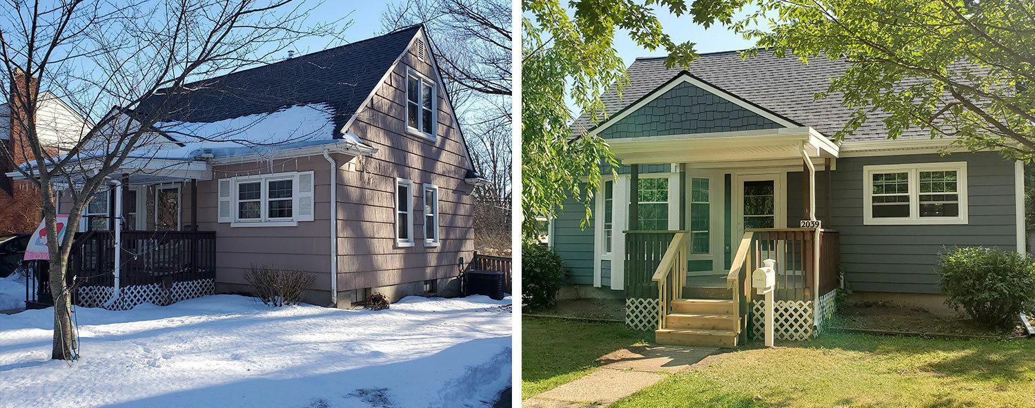 Two houses side by side: one with snow and the other with grass, both with trees.