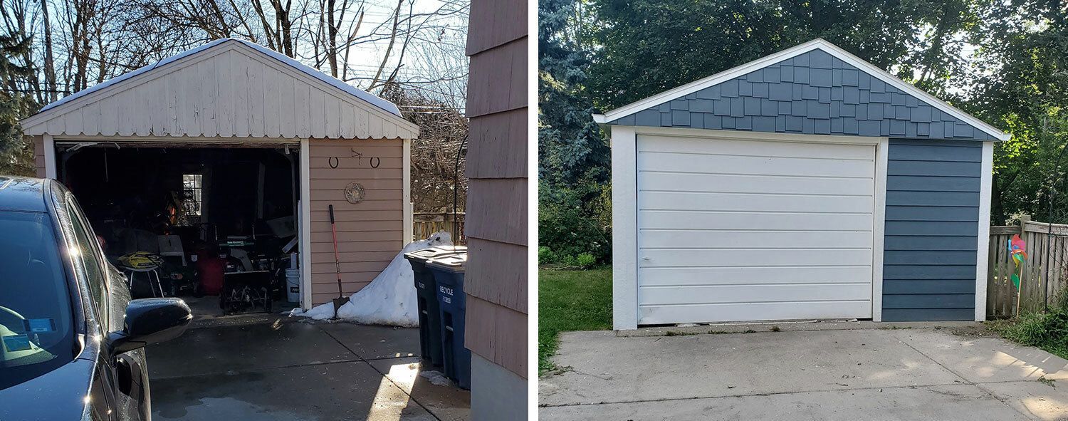 Before and after of a garage: beige and open vs. white and closed with blue siding.