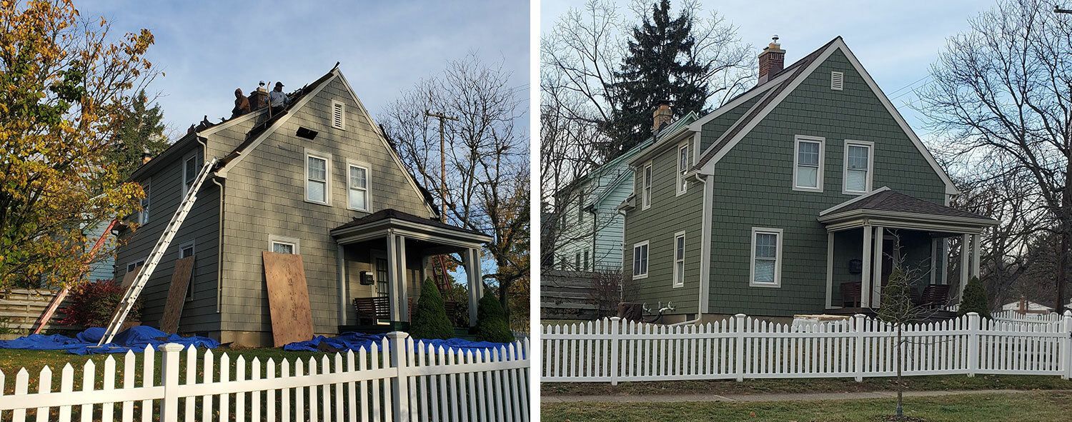 Two houses: one dilapidated gray house with a damaged roof, and a restored green house with a white picket fence.