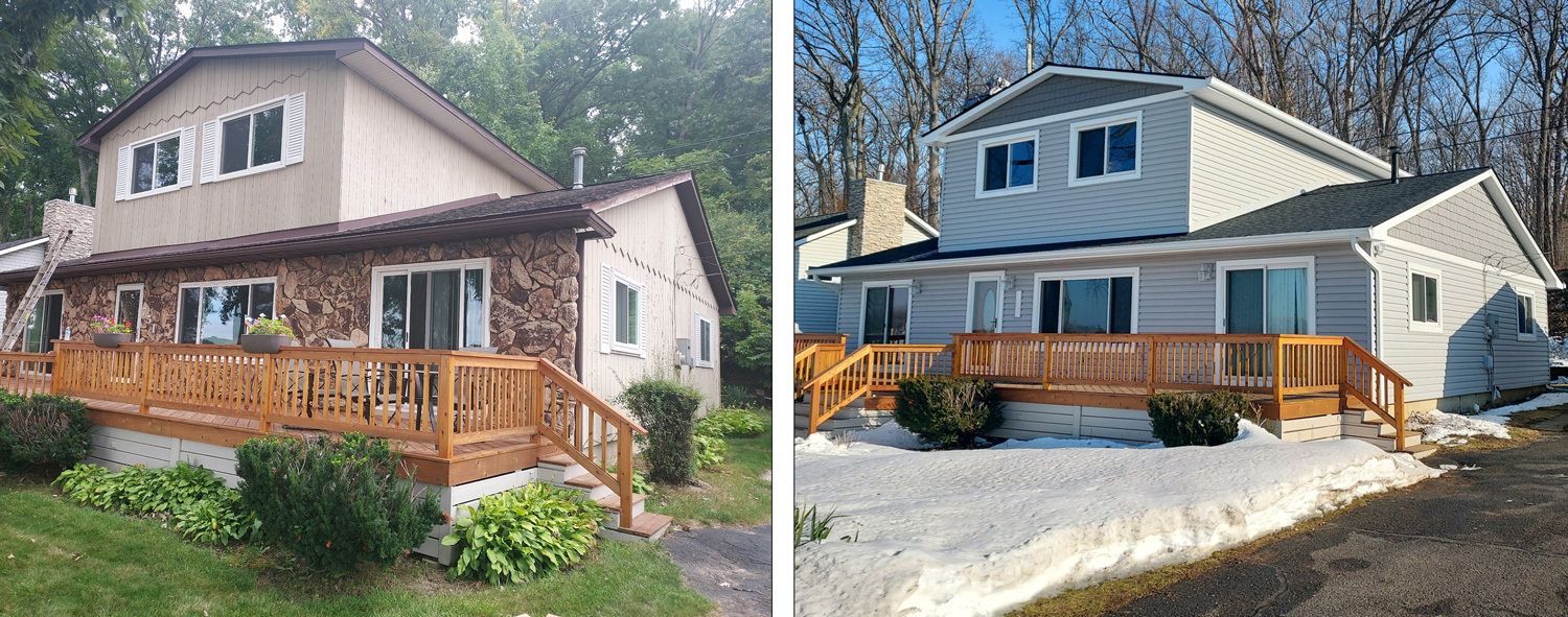 Before and after photos of a two-story house. The first shows a brown facade and deck. The second features gray siding and a snow-covered yard.