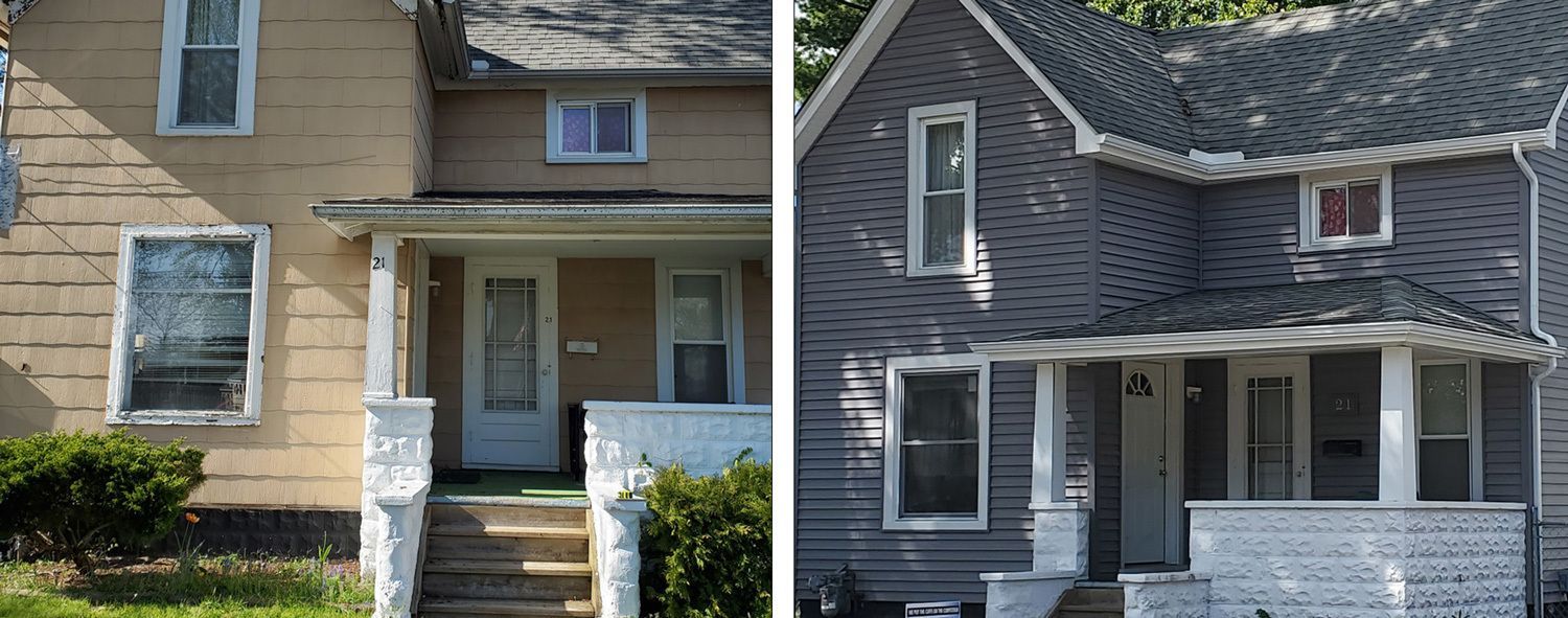 A side-by-side comparison of a house before and after renovations. The left side shows a tan house, while the right side shows a gray house with new siding.