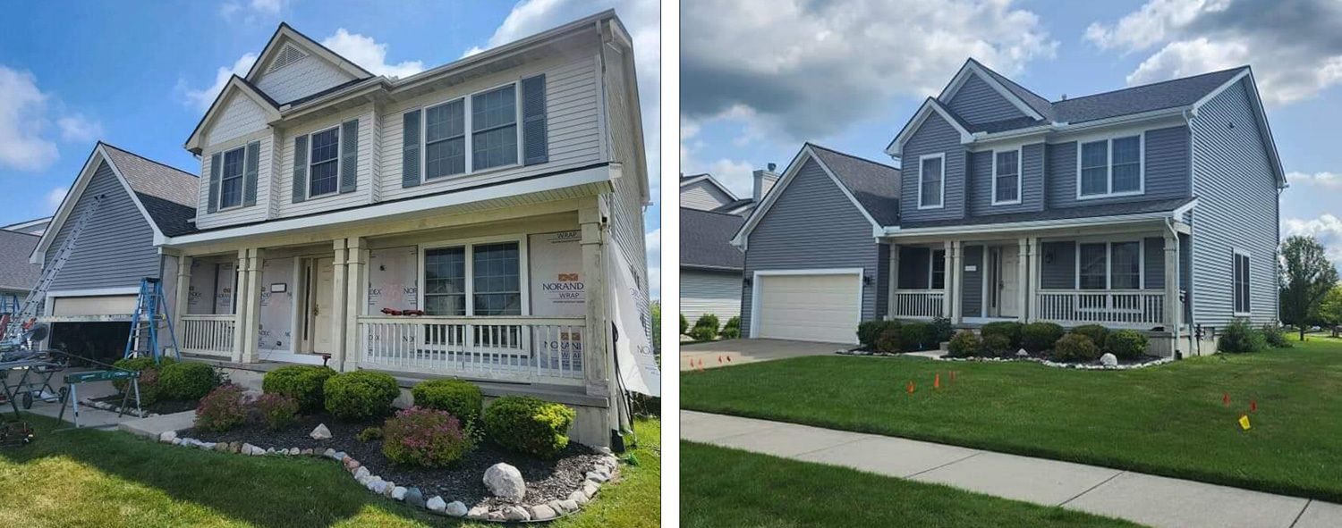 Before and after view of a two-story house. The exterior was repainted from a light beige to a blue-gray.