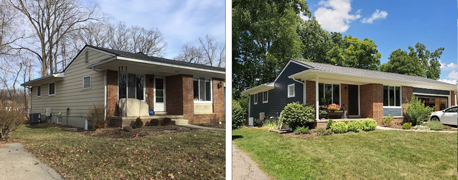 Before and after exterior home renovation, featuring changes in siding color, landscaping, and season.