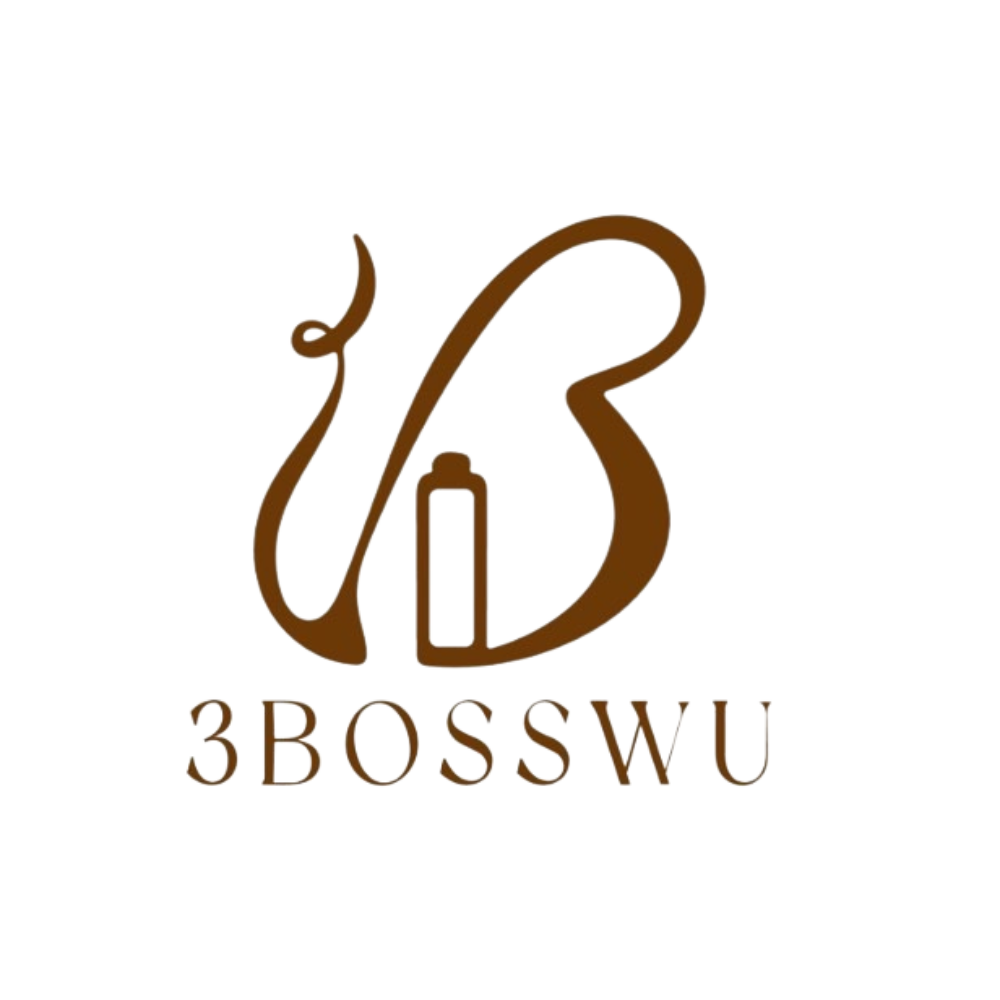 白色背景上的棕色標誌,包含一個風格化的字母“B”,其中有一個小瓶子圖標,上方是文字“3BOSSWU”。