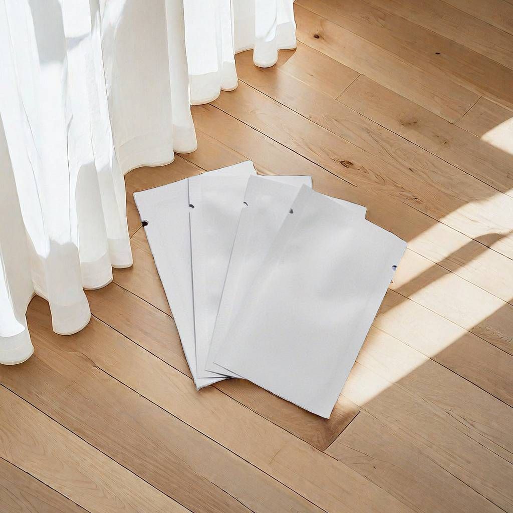 四個空白的白色長方形鋁箔包裝袋層層疊放，擺放在淺棕色的木地板上。