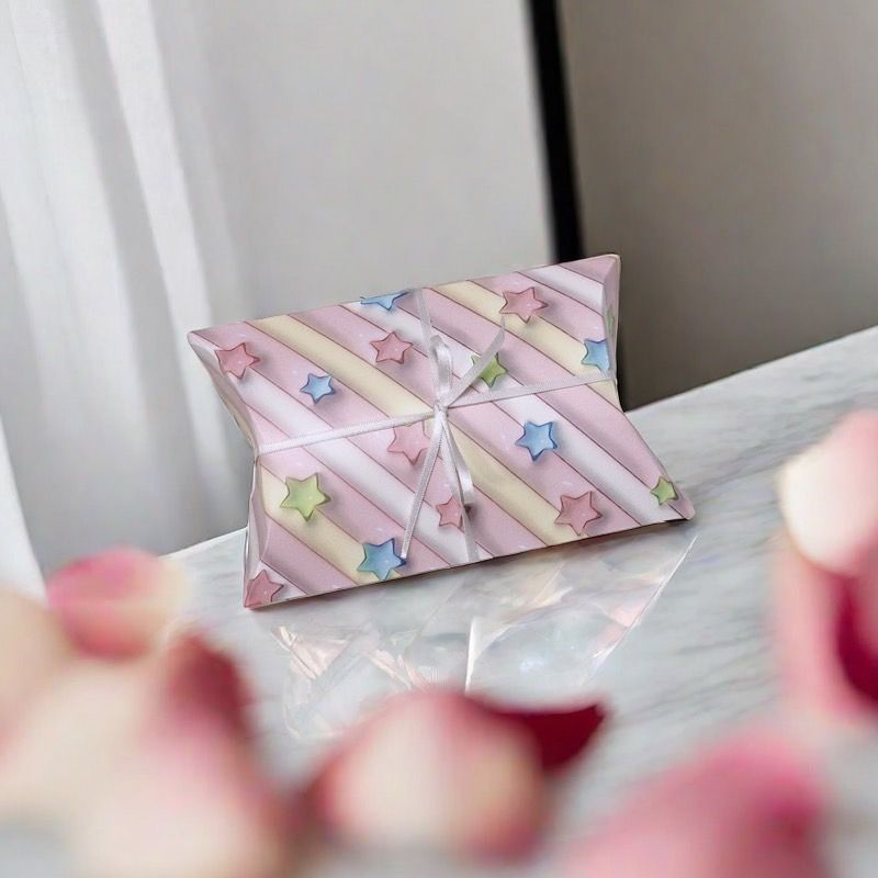 一個繫著白色緞帶的小巧星形圖案枕頭禮盒，放在鋪著模糊粉紅色花瓣的大理石桌上。