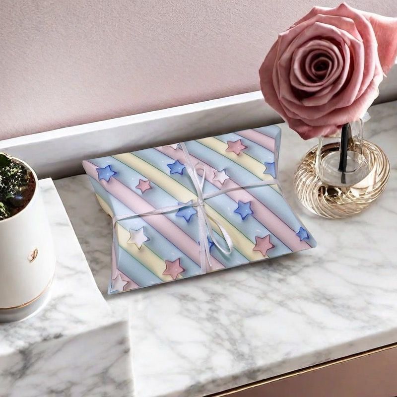 一個飾有粉彩色條紋和星星圖案的禮盒，繫著絲帶，放在舖有散落玫瑰花瓣的白色表面上。