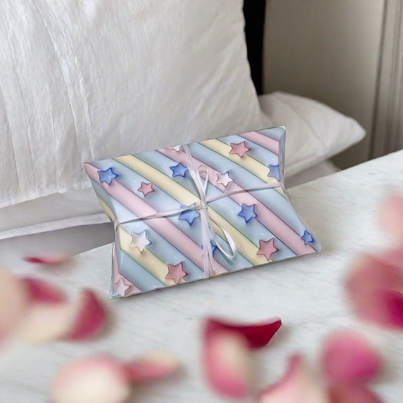 一個飾有粉彩色條紋和星星圖案的禮盒，繫著絲帶，放在舖有散落玫瑰花瓣的白色表面上。