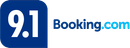 O logotipo do booking.com é azul e branco e diz 9.1.