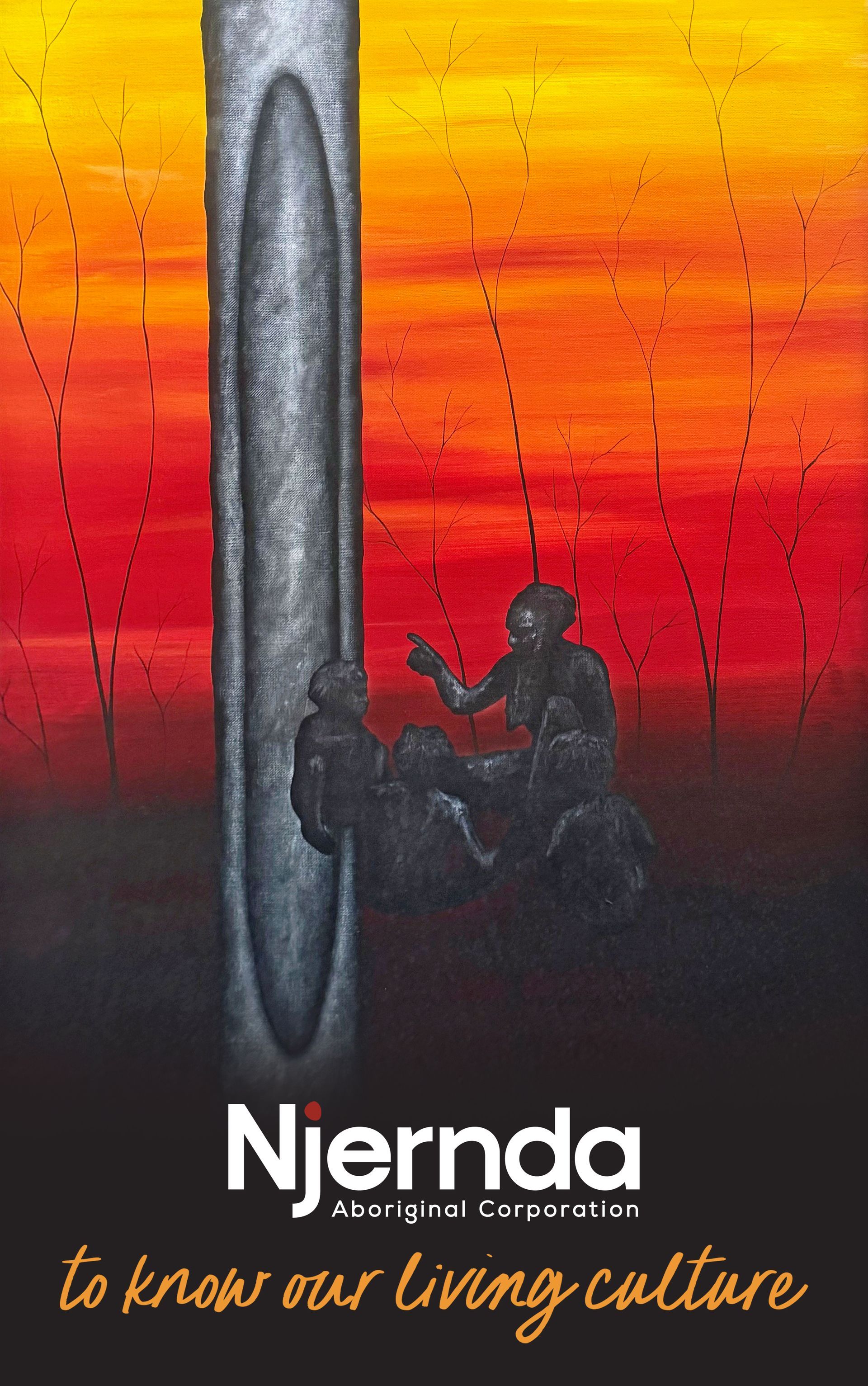 Silhouetted figures climbing in a forest, set against a red and blue backdrop. One figure points upwards.